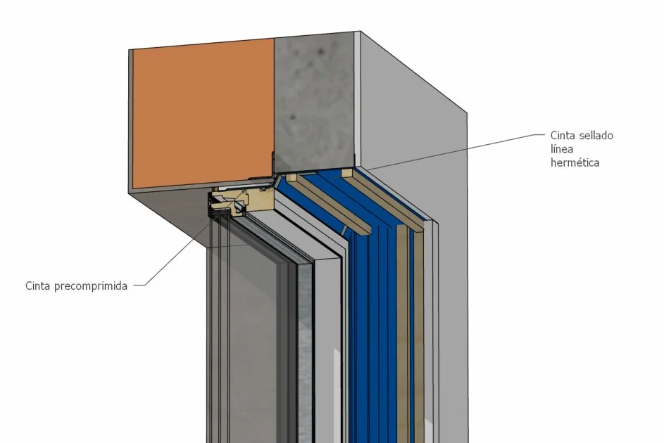 Detalle constructivo en 3D de la línea de hermeticidad al aire en la entrega de una ventana: cinta de sellado de la línea hermética y cinta precomprimida sobre el premarco.
