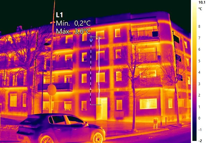Termografía de fachada residencial mostrando puentes térmicos en forjados y cajas de persiana; línea de medición L1 con mín. 0,2 °C y máx. 3,6 °C.